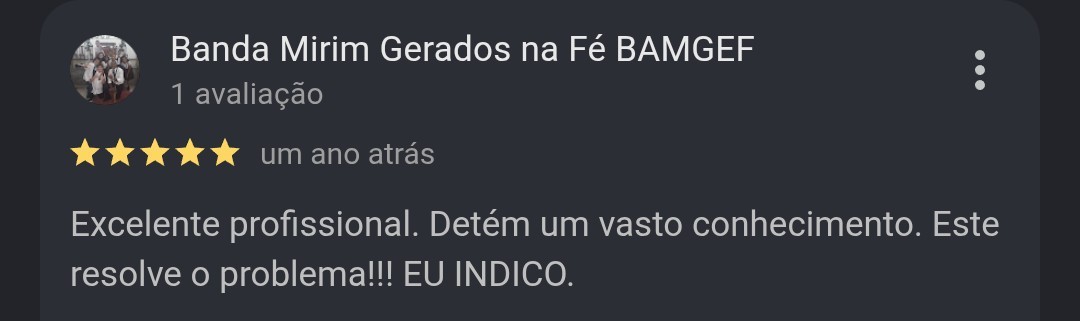 Avaliação de 5 estrelas de Banda Mirim Gerados na Fé BAMGEF: excelente profissional, com vasto conhecimento. Eu indico.
