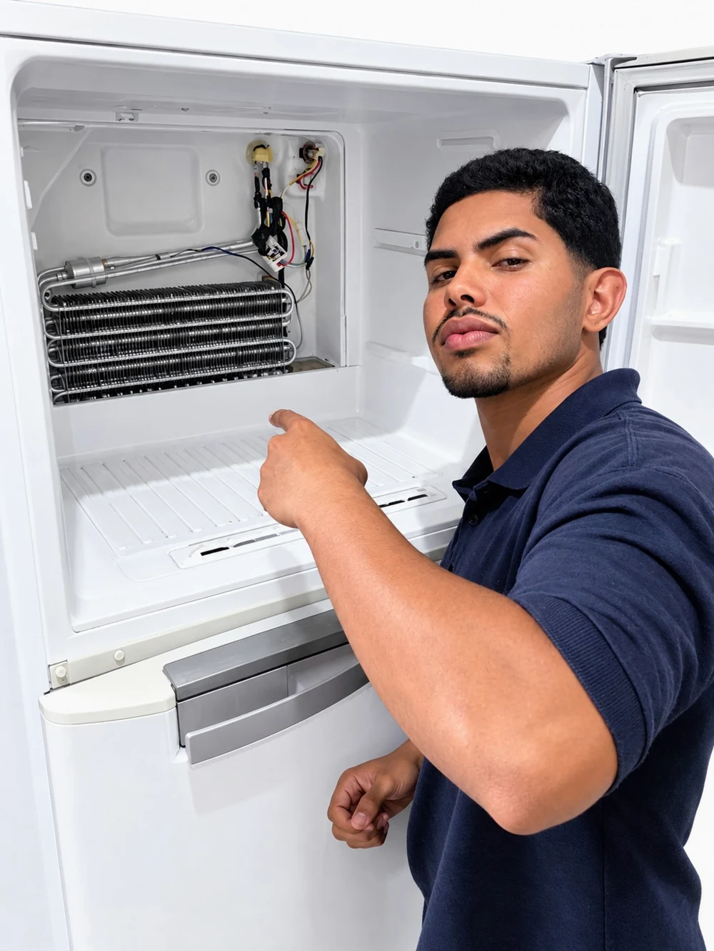 Profissional da Polo apontando para o evaporador de um refrigerador aberto